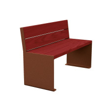 PROCity Sitzbank KUBE. Mit Rückenlehne Stahl & Holz ohne Armlehnen: Sitzfläche aus Tropenholz (Mahagoni), Gestell aus Stahl (Rost Corten-Effekt).