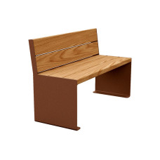 PROCITY Sitzbank KUBE. Mit Rückenlehne Stahl & Holz ohne Armlehnen: Sitzfläche aus Tropenholz (helle Eiche), Gestell aus Stahl (Rost Corten-Effekt).