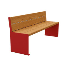 PROCITY Sitzbank KUBE. Mit Rückenlehne Stahl & Holz ohne Armlehnen: Sitzfläche aus Tropenholz (helle Eiche), Gestell aus Stahl (Purpurrot).