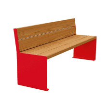PROCITY Sitzbank Kube. Mit Rückenlehne Stahl & Holz ohne Armlehnen: Sitzfläche aus Tropenholz (helle Eiche), Gestell aus Stahl (Verkehrsrot).