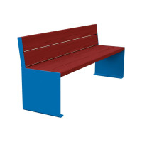 PROCITY Sitzbank KUBE. Mit Rückenlehne aus Stahl & Holz ohne Armlehnen: Sitzfläche aus Tropenholz (Mahagoni), Gestell aus Stahl (Enzianblau).