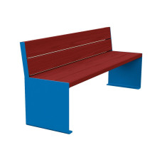 PROCITY Sitzbank KUBE. Mit Rückenlehne aus Stahl & Holz ohne Armlehnen: Sitzfläche aus Tropenholz (Mahagoni), Gestell aus Stahl (Enzianblau).
