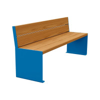 Procity Bench Kube with Backrest Steel & Wood Without Armrests: Seat made of tropical wood (light oak), Frame made of steel (Gentian Blue).