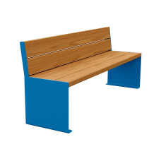 PROCITY Sitzbank KUBE. Mit Rückenlehne Stahl & Holz ohne Armlehnen: Sitzfläche aus Tropenholz (helle Eiche), Gestell aus Stahl (Enzianblau).