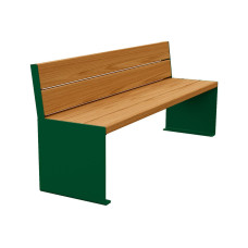 PROCITY Sitzbank KUBE. Mit Rückenlehne Stahl & Holz ohne Armlehnen : Sitzfläche aus Tropenholz (helle Eiche), Gestell aus Stahl (Moosgrün).