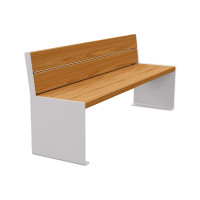 PROCITY Sitzbank KUBE. Mit Rückenlehne aus Stahl & Holz ohne Armlehnen: Sitzfläche aus Tropenholz (helle Eiche), Gestell aus Stahl (Seidengrau).