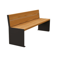 PROCITY Sitzbank Kube. Mit Rückenlehne Stahl & Holz ohne Armlehnen: Sitzfläche aus Tropenholz (helle Eiche), Gestell aus Stahl (Tiefschwarz).