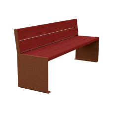 PROCity Sitzbank KUBE. Mit Rückenlehne Stahl & Holz ohne Armlehnen: Sitzfläche aus Tropenholz (Mahagoni), Gestell aus Stahl (Rost Corten-Effekt).