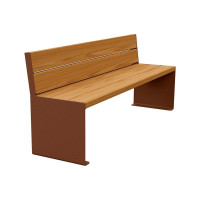 PROCITY Sitzbank KUBE. Mit Rückenlehne Stahl & Holz ohne Armlehnen: Sitzfläche aus Tropenholz (helle Eiche), Gestell aus Stahl (Rost Corten-Effekt).