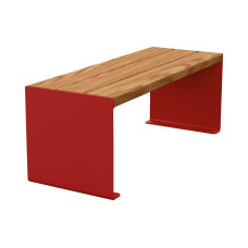 PROCITY Sitzbank KUBE. Stahl & Holz ohne Rückenlehne: Sitzfläche aus Tropenholz (helle Eiche), Gestell aus Stahl (Purpurrot).