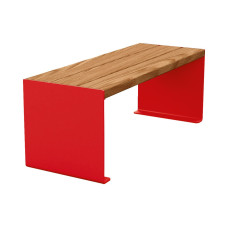 PROCITY SITZBANK KUBE. STAHL & HOLZ OHNE RÜCKENLEHNE: Sitzfläche aus Tropenholz (helle Eiche), Gestell aus Stahl (Verkehrsrot).