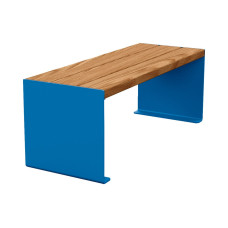 PROCITY Sitzbank KUBE. Stahl & Holz ohne Rückenlehne: Sitzfläche aus Tropenholz (helle Eiche), Gestell aus Stahl (Enzianblau).