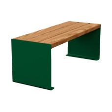 PROCITY Sitzbank KUBE. Stahl & Holz ohne Rückenlehne: Sitzfläche aus Tropenholz (helle Eiche), Gestell aus Stahl (Moosgrün).