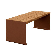 PROCITY Sitzbank KUBE. Stahl & Holz ohne Rückenlehne: Sitzfläche aus Tropenholz (helle Eiche), Gestell aus Stahl (Rost Corten-Effekt).