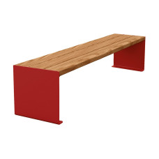 PROCITY Sitzbank KUBE. Stahl & Holz ohne Rückenlehne: Sitzfläche aus Tropenholz (helle Eiche), Gestell aus Stahl (Purpurrot).
