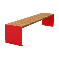 Procity Sitzbank Kube. Stahl & Holz ohne Rückenlehne: Sitzfläche aus Tropenholz (helle Eiche), Gestell aus Stahl (Verkehrsrot).
