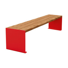PROCITY SITZBANK KUBE. STAHL & HOLZ OHNE RÜCKENLEHNE: Sitzfläche aus Tropenholz (helle Eiche), Gestell aus Stahl (Verkehrsrot).