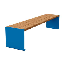 PROCITY Sitzbank KUBE. Stahl & Holz ohne Rückenlehne: Sitzfläche aus Tropenholz (helle Eiche), Gestell aus Stahl (Enzianblau).