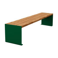 PROCITY Sitzbank KUBE. Stahl & Holz ohne Rückenlehne: Sitzfläche aus Tropenholz (helle Eiche), Gestell aus Stahl (Moosgrün).