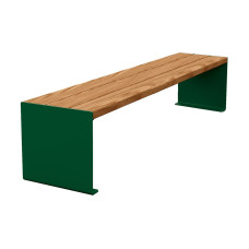 PROCITY Sitzbank KUBE. Stahl & Holz ohne Rückenlehne: Sitzfläche aus Tropenholz (helle Eiche), Gestell aus Stahl (Moosgrün).