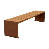 Procity Bench Kube. Steel & Wood Without Backrest: Seat made of tropical wood (light oak), Frame made of steel (Rust Corten Effect).