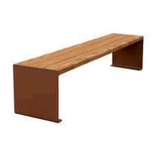 PROCITY Sitzbank KUBE. Stahl & Holz ohne Rückenlehne: Sitzfläche aus Tropenholz (helle Eiche), Gestell aus Stahl (Rost Corten-Effekt).