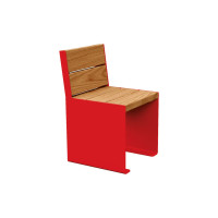 PROCITY STUHL KUBE. MIT RÜCKENLEHNE - STAHL & HOLZ: Sitzfläche aus Tropenholz (helle Eiche), Gestel aus Stahl (Verkehrsrot)