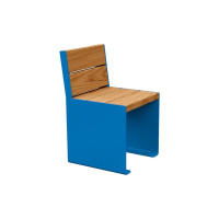 PROCITY STUHL KUBE. MIT RÜCKENLEHNE - STAHL & HOLZ: Sitzfläche aus Tropenholz (helle Eiche), Gestel aus Stahl (Enzianblau)