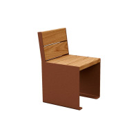 Procity chair KUBE. With backrest - steel & wood: seat made of tropical wood (light oak), frame made of steel (rust corten effect).