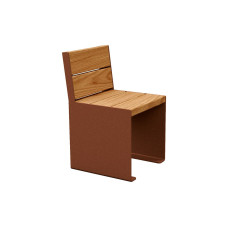 PROCITY STUHL KUBE. MIT RÜCKENLEHNE - STAHL & HOLZ: Sitzfläche aus Tropenholz (helle Eiche), Gestel aus Stahl (Rost Corten-Effekt)