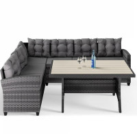 Grey/Anthracite Poly-rattan Corner Lounge Set with Cushions and WPC Garden Table