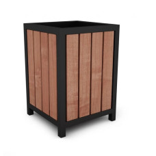 Outdoor waste bin made of wood and steel 