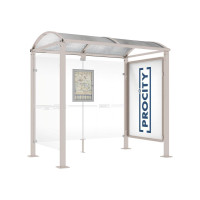 PROCITY WarteHalle Vierkantrohr, 1 Schaukasten 2000 doppelseitig mit 1 Seitenverkleidung, L 2500 mm.