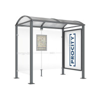 PROCITY WarteHalle Vierkantrohr, 1 Schaukasten 2000 doppelseitig mit 1 Seitenverkleidung, L 2500 mm.