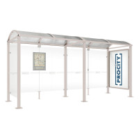 PROCITY WarteHalle Vierkantrohr, 1 Schaukasten 2000 doppelseitig mit 1 Seitenverkleidung, L 5000 mm.