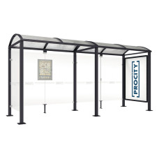 PROCITY WarteHalle Vierkantrohr, 1 Schaukasten 2000 doppelseitig mit 1 Seitenverkleidung, L 5000 mm.