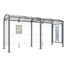 PROCITY WarteHalle Vierkantrohr, 1 Schaukasten 2000 doppelseitig mit 1 Seitenverkleidung, L 5000 mm.