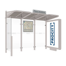 PROCITY WarteHalle CONVI - Standard, 1 beleuchteter Caisson rechts mit 1 Seitenverkleidung links, L 3107 mm.