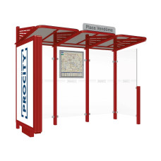 ProCity Wartehalle CONVI - Standard, 1 beleuchteter Caisson links mit 1 Seitenverkleidung rechts, L 3107 mm.