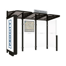 ProCity Wartehalle CONVI - Standard, 1 beleuchteter Caisson links mit 1 Seitenverkleidung rechts, L 3107 mm.