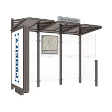 ProCity Wartehalle CONVI - Standard, 1 beleuchteter Caisson links mit 1 Seitenverkleidung rechts, L 3107 mm.