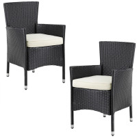Stapelstuhl 2er Set | Polyrattan Schwarz Creme | Inklusive Kissen