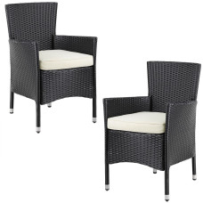 Stapelstuhl 2er Set | Polyrattan Schwarz Creme | Inklusive Kissen