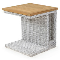 Side Table Havana | White-Grey Polyrattan | Ø50cm | Teak Wood Top
